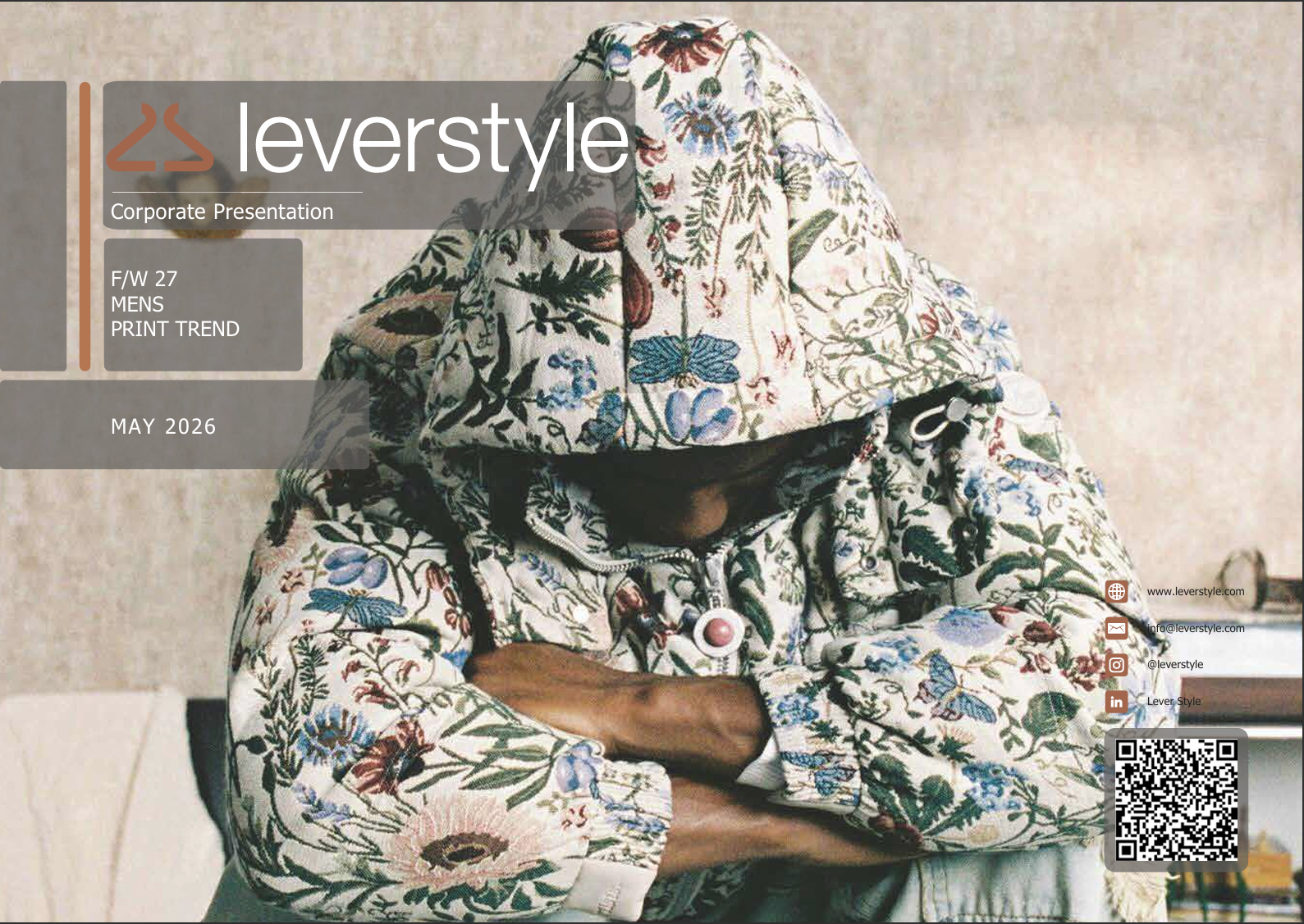 FW27 Mens Print Trend cover: model in a floral tapestry hooded puffer